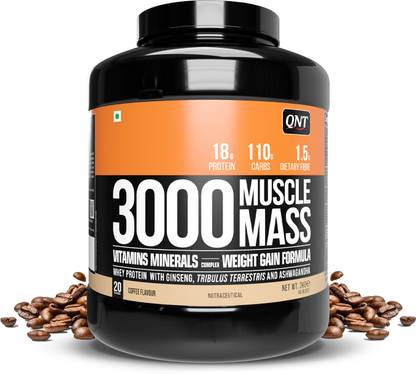 QNT Muscle Mass 3000 | Weight & Muscle Gainer Supplement | 3kg | Coffee Weight Gainers/Mass Gainers