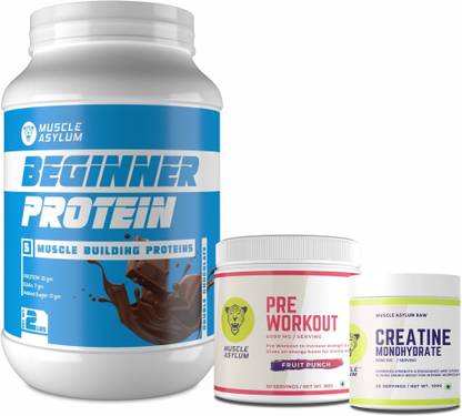 Muscle Asylum Beginner Protein Double Chocolate 22 Servings, Creatine100g, Pre Workout180g Whey Protein