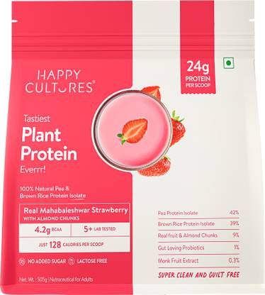 Happy Cultures 26g Strawberry Plant Protein Isolate, 4.5g BCAA, 18 Essential Amino Acids Plant-Based Protein