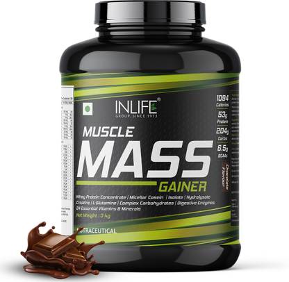INLIFE Muscle Mass Gainer with Whey Protein Powder Bodybuilding Supplement, 3KG Weight Gainers/Mass Gainers