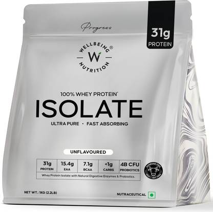 Wellbeing Nutrition 100% Whey Protein Isolate, 31g Protein, 15.4g EAA, 7.1g BCAA, Easy to Digest Whey Protein