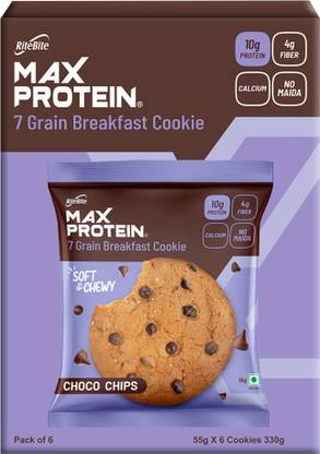 RiteBite Max Protein Choco Chips Cookies with 10g Protein & 4g Fiber | 7 Grain Breakfast Snack
