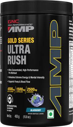 GNC AMP Gold Series Ultra Rush | 4.5g Beta-Alanine | 450 gm (Blueberry) Pre Workout