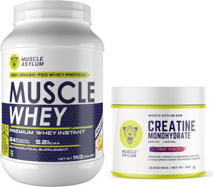 Muscle Asylum Premium Whey Protein 1kg Banana & Creatine Powder 100gm Fruit Punch Whey Protein