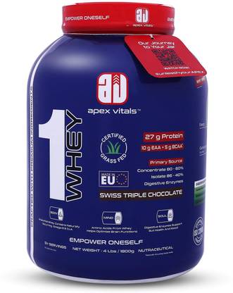 Apex Vitals 1 Whey|Grass-Fed Whey|27g Protein,10g EAA+5g BCAA Digestive Enzymes 25+ Serving Whey Protein