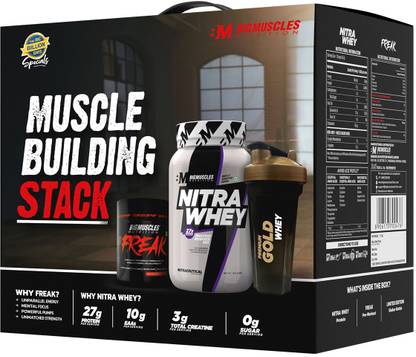 BIGMUSCLES NUTRITION Nitra Whey with Freak Pre-Workout and Shaker | Muscle Building Stack | Whey Protein