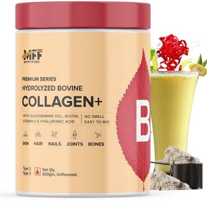 MyFitFuel Premium Bovine Collagen +Biotin, Hyaluronic Acid, Vitam. C &More 500g Unflavored Protein Shake