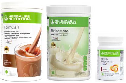 HERBALIFE Formula 1 Shake Mix Chocolate Flavor+Shake Mate Milk Protein+ Afresh Elaichi Plant-Based Protein