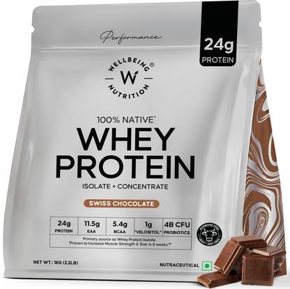 Wellbeing Nutrition Whey Protein Isolate + Concentrate, 24g Protein, 11.5g, BCAA 5.4g, 1g Glutamine Whey Protein