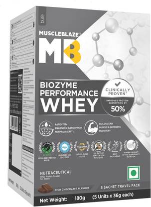 MUSCLEBLAZE Biozyme Performance, 5 Sachet Travel Pack (5x36g), 25g Protein Per Scoop Whey Protein