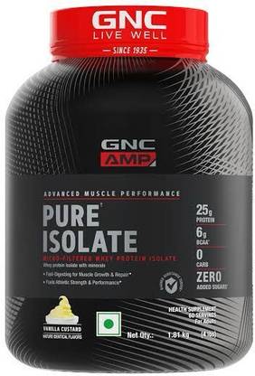 muscle scoop hub GNC AMP Pure Isolate Zero Carb | 25g Protein | 6g BCAA | Vanilla Custard |4lbs Whey Protein