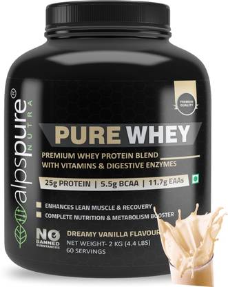 ALPSPURE Pure Whey 60 Servings 25g Protein per Scoop With Vitamins & Digestive Enzymes Whey Protein