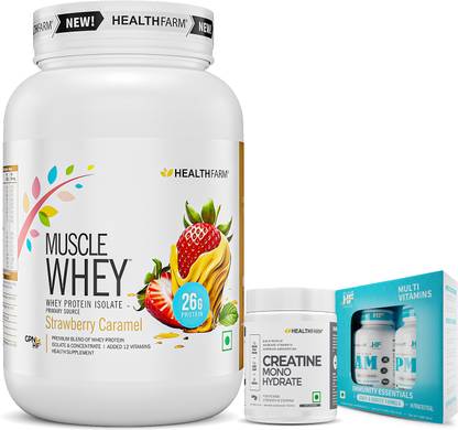 HEALTHFARM Muscle Whey 1kg Strawberry Caramel Creatine 100g & Multivitamin Combo Whey Protein