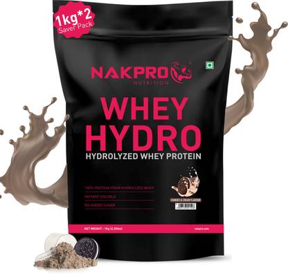 Nakpro HYDRO Whey Protein Hydrolyzed Supplement Powder - 2 kg Cookies & Cream (1Kg*2) Whey Protein