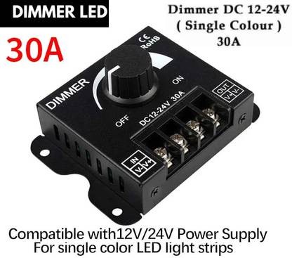 GoodsBazaar DC 12V/24V 30A Adjustable Dimmer Switch PWM Dimming Controller Single LED Strip 30 A Rotary Dimmer