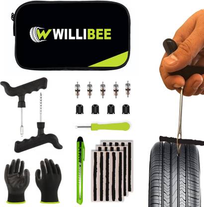 WILLIBEE 9-in-1 Tubeless Tyre Puncher Repair Kit for Bike, Car & SUV (with Storage Bag) Tubeless Tyre Puncture Repair Kit