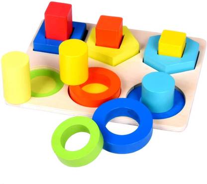 KIDOLOGY Wooden Blocks Pattern Shape Recognition Stacking Toy with 6 Panels Colors