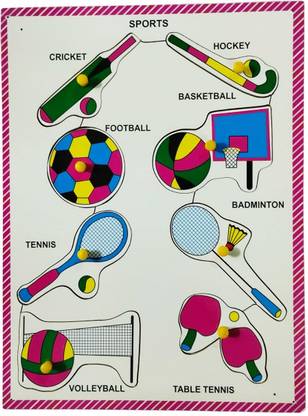 DgCrayons Sports Name with Picture & Knobs- Learning Wooden Jigsaw Puzzle Board-Multicolor