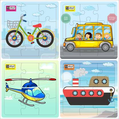 ABYZ Transport (Cycle+Bus+Helicopter+Ship) Jigsaw Puzzle Games - 9 Pieces (Pack of 4)