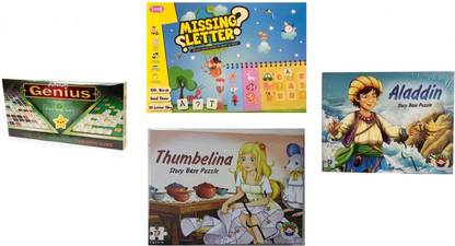 Genius CROSS WORD & SUM + MISSING + PUZZLE ALADDIN + PUZZLE THUMBELINA 4 IN 1 COMBO