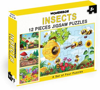 WONDRBOX 12 pcs Insect Jigsaw Puzzle for Kids 4 Puzzles in a Box Educational for Kids