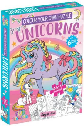 Birthday Popper Color Your Own Unicorn Jigsaw Puzzle,4 Enchanting Designs + Color Pens for Kids
