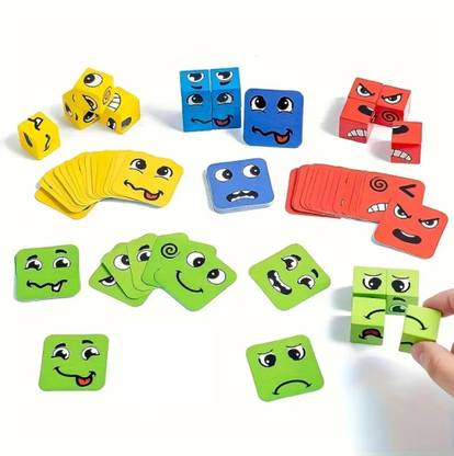KIDS KINDLY Wooden Face Change Emoji Cube Game Puzzle 16 Blocks & 64 Cards for Kids