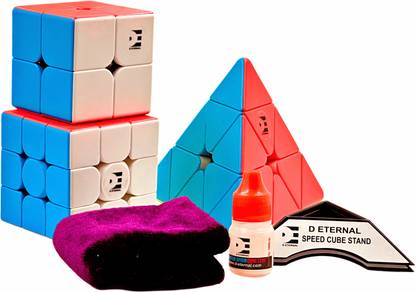 D ETERNAL Cube Combo Set Of 2X2 3x3 Pyraminx Triangle 2 Stand A Pouch Bag and A Lube Oil
