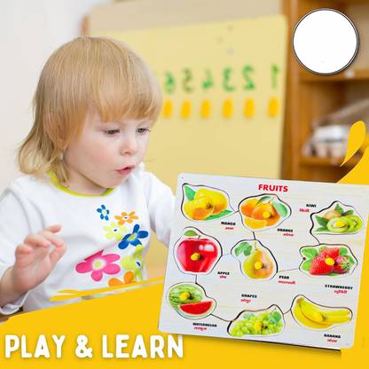 Plus Shine Wooden Peg Fruit Puzzle for Kids 9 Different Fruit Shape with Name Learning Toys