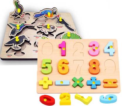 CASADOMANI PackOf2 Birds and Math Number Counting Simple Puzzle Wooden Jigsaw Learning Toys