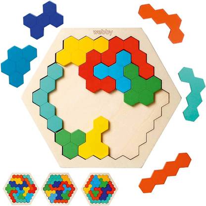 Webby Hexagonal Wooden Tetris Brain Teaser Puzzle Learning Toy for Kids