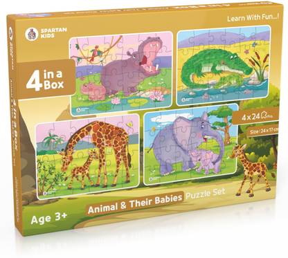spartan kids Animal & Their Babies Jigsaw Puzzle of Age 3-5 Years, Set of 4-96 Puzzle Pcs