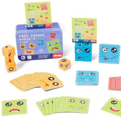 Pluspicks ooden Emoji Face Cube Matching Block Puzzle Game for Kids | 16 Cubes 72 Cards
