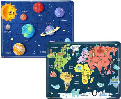 फिंडस्टफ 40 Pcs Wooden Jigsaw Puzzle Toy for Children (World Map & Solar System)