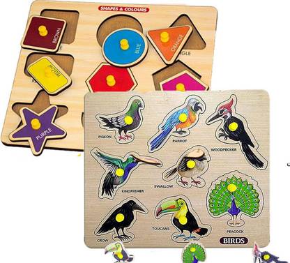CASADOMANI Combo Wooden Birds Names Blocks+Geometric Shape Matching Puzzle Color&Shape Toy