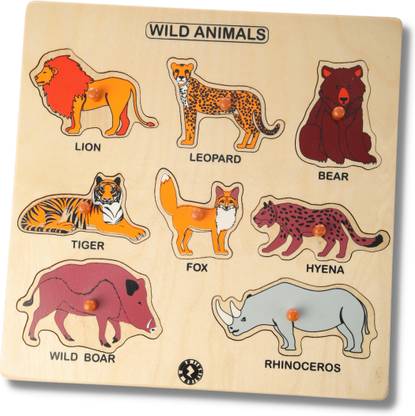 BRILLA Multicolor Non-toxic Wild Animals with Picture Peg Knobs Learning Wooden Puzzle