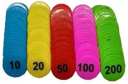 Bal samrat PLASTIC RUMMY TOKEN 10 20 50 100 200 EACH OF 20 PIC TOTAL 100 PIC MULTICOLOR