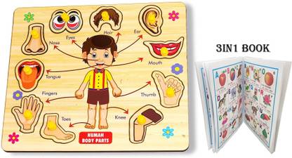 Plus Shine Body Part Wooden Slat Board Jigsaw Assembly Shape Puzzle Learning Toy+3in1 Book