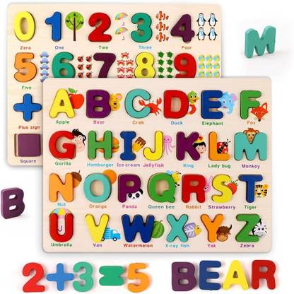 TRENDYKIDS Wooden ABCD & 123, Wooden Alphabet Number Shape Puzzles Learning Toys for Kids