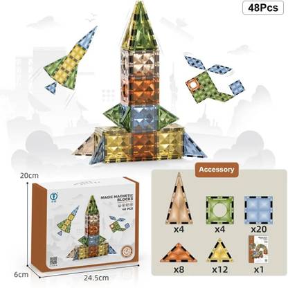 SALPITOYS Magnetic Tiles Building Blocks Set 48 PCS Colorful 4D Diamond Magnet Toys