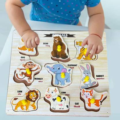 Shreevi Wooden Animal Stacking Toy Animals Name Matching Board Learning Shape Toys