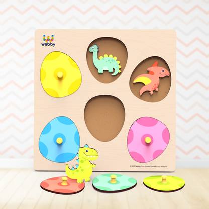 Webby Dinosaur Hide and Seek Peg Puzzles | Wooden Pegboard Puzzles with Knob for Kids
