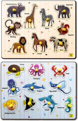 YaY Play Sea and Wild Animals Shape Pegboard Wooden Puzzles Combo Pack