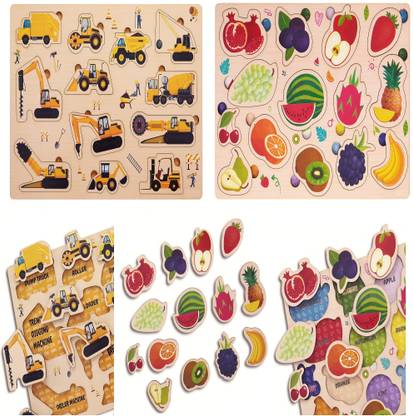 Nibocoj Combo Construction Vehicles And Fruit Wooden Puzzles For Kids, Educational Toys