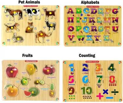 katrik Premium Wooden Puzzle Toy Alphabet,Counting,Fruits,Animal With Knobs Learning