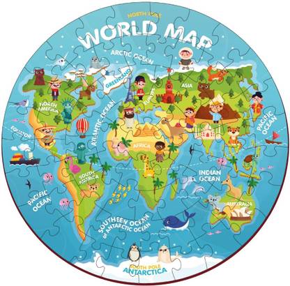 YaY Play World Map Wooden Round Wooden Puzzles 72 Pieces with Wooden Box Chunky Puzzle