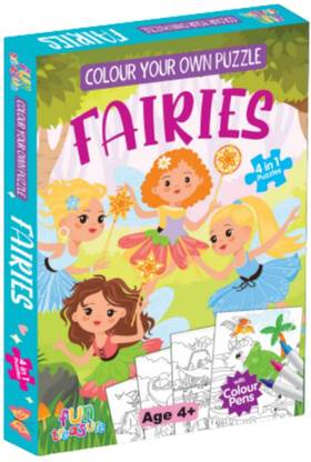 Birthday Popper Color Your Own Fairies Jigsaw Puzzle,4 Creative Puzzle Sets +Color Pens for Kids