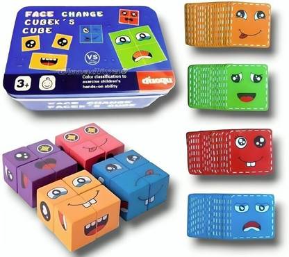 SALPITOYS Wooden Emoji Face Cube Matching Block Puzzle Game for Kids | 16 Cubes 64 Cards