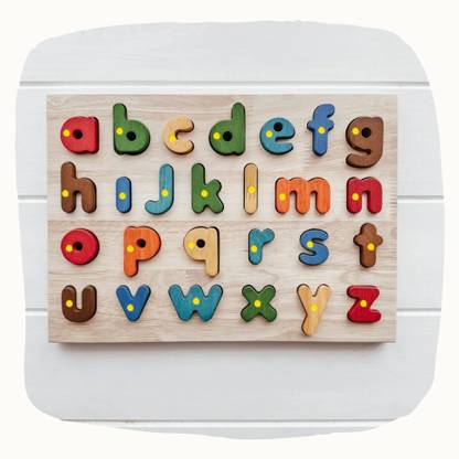 SHALAFI Wooden English Small Alphabets Letter with knobs Puzzle Tray Board ABCD Blocks