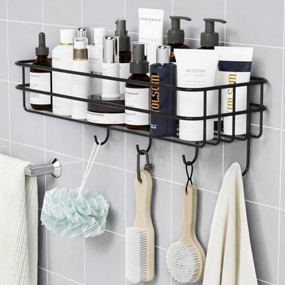 kridha Stainless Steel Iron Coating Self-Adhesive Metal Rack Storage Shelf with 4 Hook Stainless Steel Wall Shelf